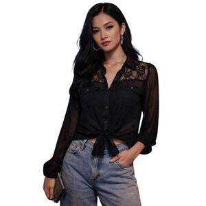 LEI Black Sheer Lace Button Up Tie Front Shirt Women's XL Y2K Dark VINTAGE Goth